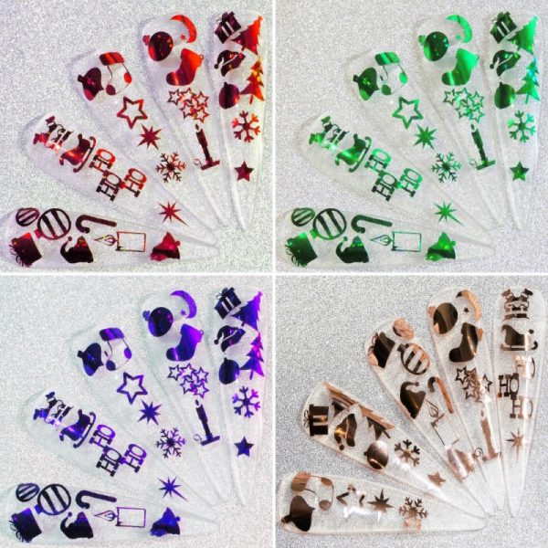 Christmas Sleigh Candy Cane Bauble Stocking Bell Candle Nail Art Vinyl Stickers 25 Designs 57 Stickers Per Sheet 7 Colour Choices