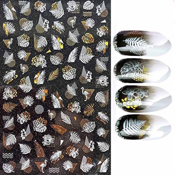Summer Foil Leaf Bird Stickers Design 655 White And Gold