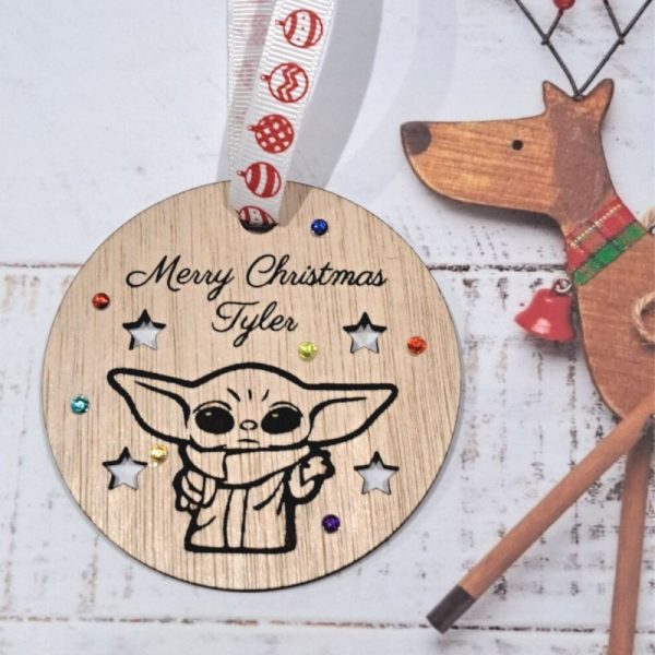 Baby Yoda Wooden Xmas Bauble