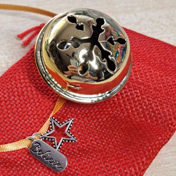 Believe Jingle Bell With Red Hessian Drawstring Pouch Bag I Believe Jingle Bell Gold Believe Jingle Bell Xmas Santa Bell Polar Express Bell - Image 2