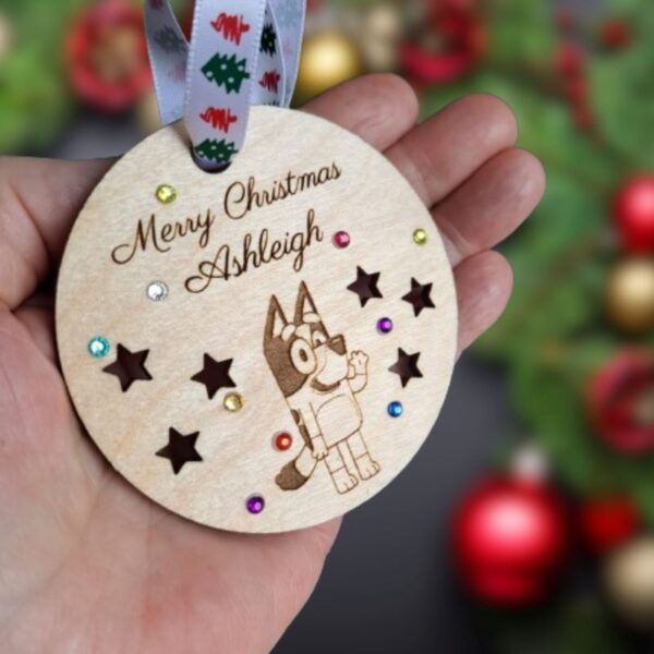 Bluey Bauble Bluey Personalised Bauble Bluey Crystal Christmas Bauble Wooden Rustic Bluey Bauble - Image 3