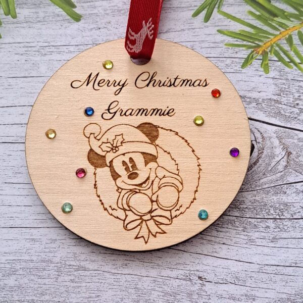 Mickey Mouse Bauble Disney Mickey Mouse Personalised Bauble Mickey Mouse Crystal Christmas Bauble Wooden Rustic Mickey Mouse Bauble - Image 3