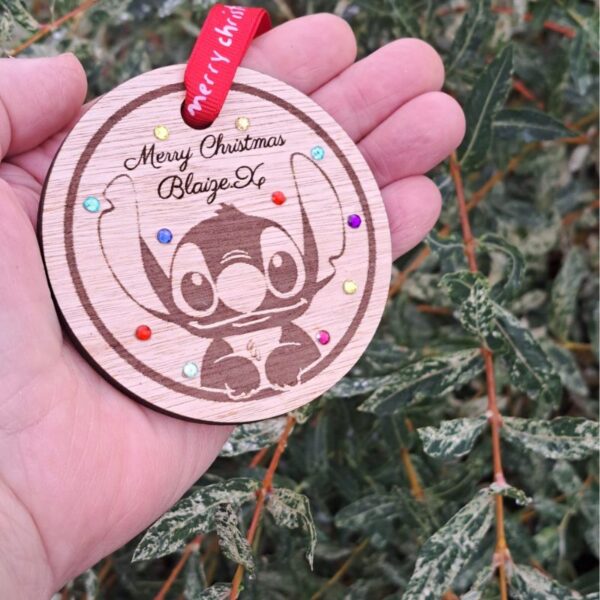 Stitch Bauble Stitch Personalised Bauble Stitch Crystal Christmas Bauble Wooden Rustic Stitch Bauble - Image 3