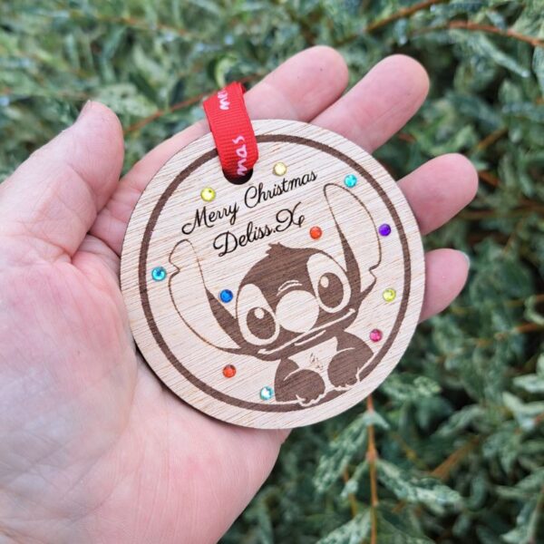 Stitch Bauble Stitch Personalised Bauble Stitch Crystal Christmas Bauble Wooden Rustic Stitch Bauble - Image 2