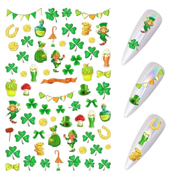 St. Patrick's Day leprechaun Clover Coins Beer Nail Art Stickers Design 3424