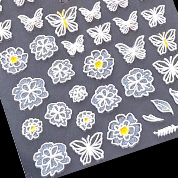 5D White Butterfly And Flowers Nail Art Stickers Design 963 - Image 2