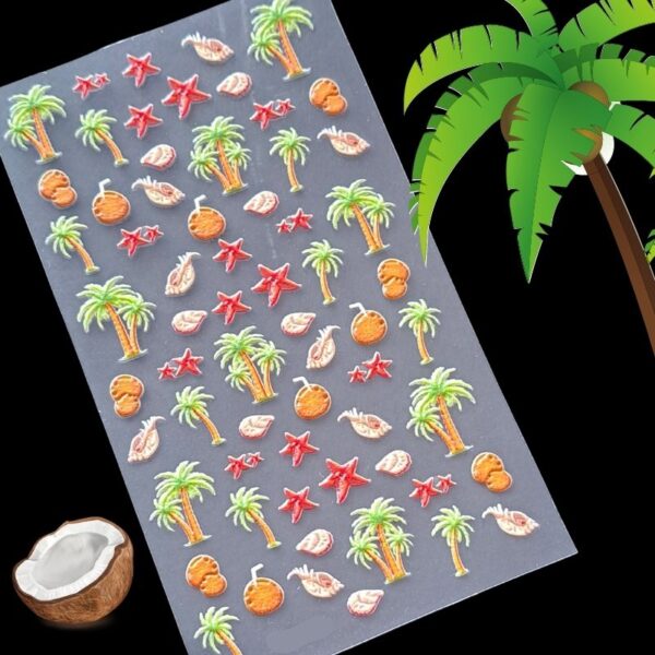 5D Palm Trees Coconuts Starfish Nail Art Stickers Design 363