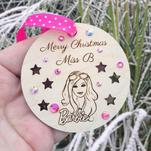 Barbie Bauble, Barbie Personalised Bauble, Barbie Crystal Christmas Bauble, Wooden Rustic Barbie Bauble, Barbie Baubles, Barbie Xmas Baubles - Image 2