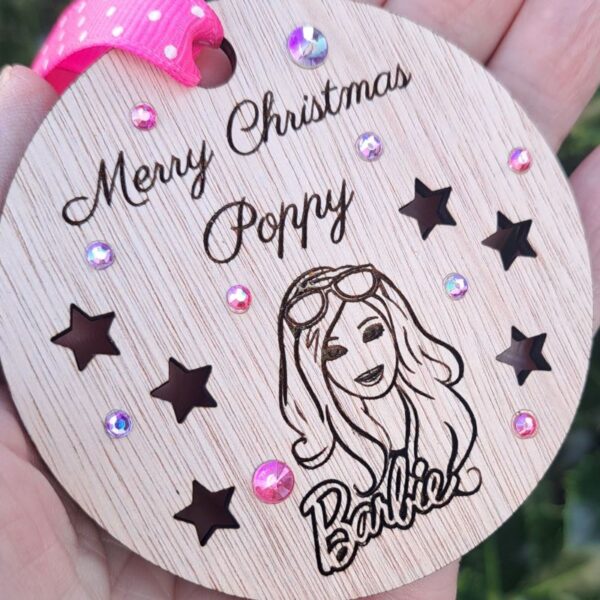 Barbie Bauble, Barbie Personalised Bauble, Barbie Crystal Christmas Bauble, Wooden Rustic Barbie Bauble, Barbie Baubles, Barbie Xmas Baubles - Image 3
