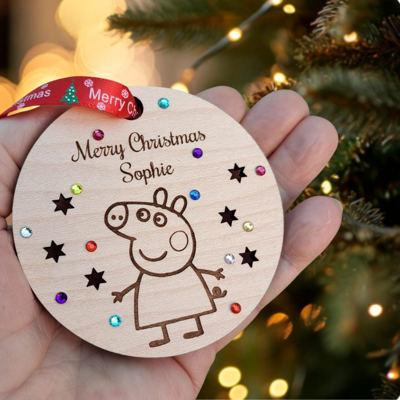 Peppa Pig Personalised Bauble, Peppa Pig Crystal Christmas Bauble, Wooden Rustic Peppa Pig And George Pig Baubles, Peppa Pig Xmas Bauble - Image 2