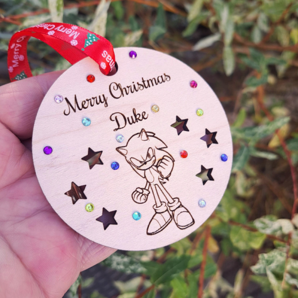 Sonic Bauble, Sonic The Hedgehog Personalised Bauble, Sonic Christmas Bauble, Wooden Rustic Sonic Bauble, Sonic Baubles, Sonic Xmas Baubles - Image 2