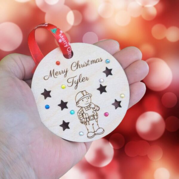 Bob The Builder Xmas Baubles, Personalised Bob The Builder Baubles, Wooden Rustic Crystal Xmas Tree Baubles, Kids Xmas Baubles, Pre School Kids Cartoon Baubles - Image 2
