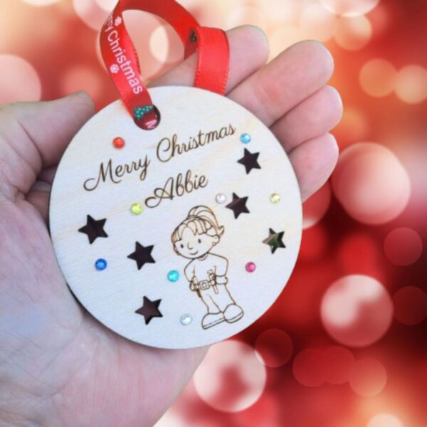 Bob The Builder Xmas Baubles, Personalised Bob The Builder Baubles, Wooden Rustic Crystal Xmas Tree Baubles, Kids Xmas Baubles, Pre School Kids Cartoon Baubles - Image 3