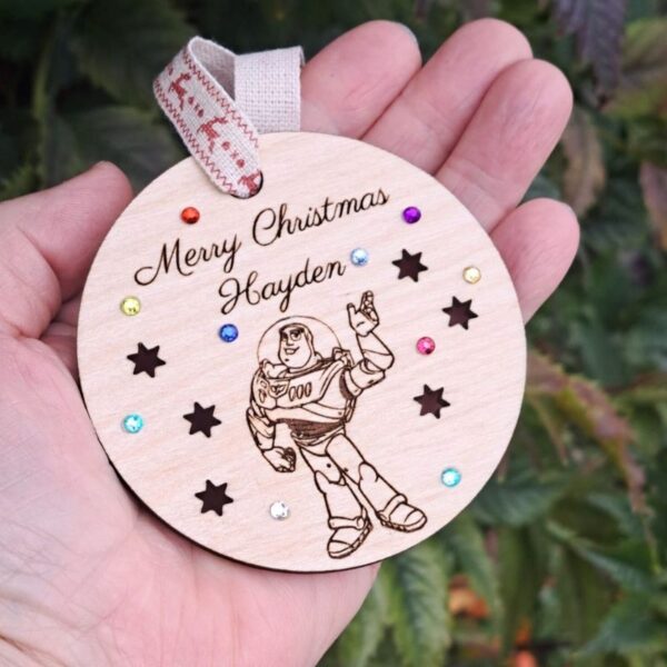 Toy Story Xmas Baubles, Personalised Toy Story Christmas Bauble, Wooden Rustic Buzz Lightyear Bauble, Kids Xmas Baubles, Woody Engraved Xmas Baubles - Image 2