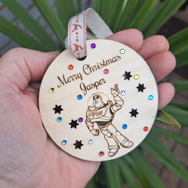 Toy Story Xmas Baubles, Personalised Toy Story Christmas Bauble, Wooden Rustic Buzz Lightyear Bauble, Kids Xmas Baubles, Woody Engraved Xmas Baubles - Image 4