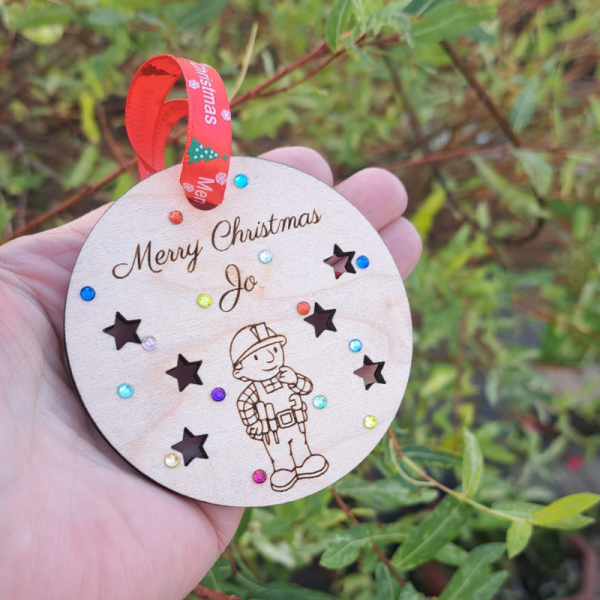 Bob The Builder Xmas Baubles, Personalised Bob The Builder Baubles, Wooden Rustic Crystal Xmas Tree Baubles, Kids Xmas Baubles, Pre School Kids Cartoon Baubles - Image 10