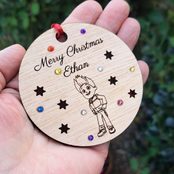 Paw Patrol Xmas Baubles, Personalised Paw Patrol Crystal Christmas Bauble, Wooden Rustic Chase Bauble Kids Xmas Baubles, Marshall Engraved Bauble - Image 2