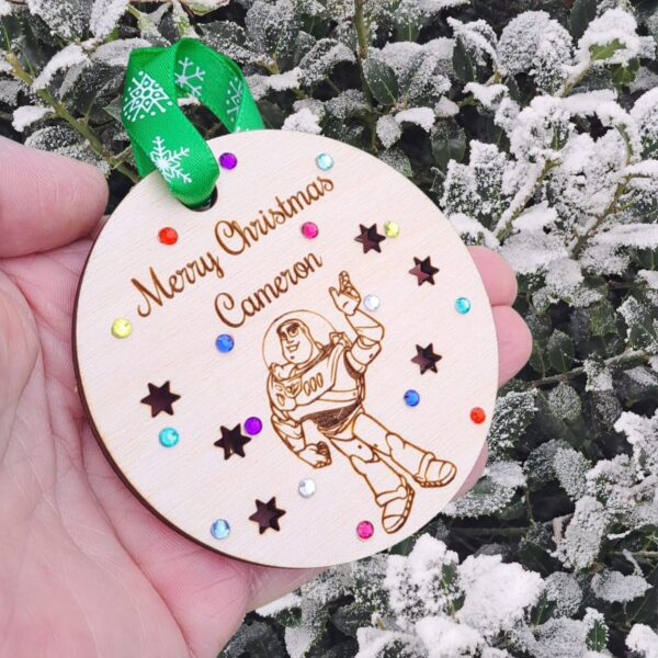 Toy Story Xmas Baubles, Personalised Toy Story Christmas Bauble, Wooden Rustic Buzz Lightyear Bauble, Kids Xmas Baubles, Woody Engraved Xmas Baubles - Image 5