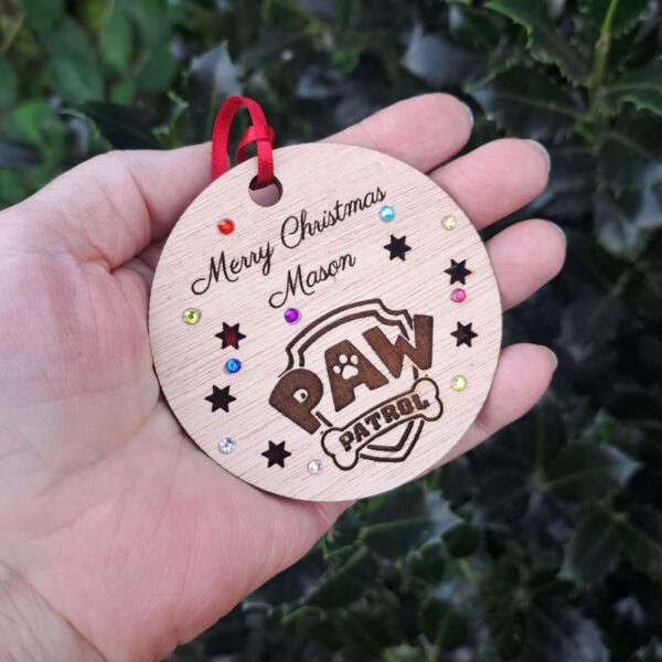 Paw Patrol Xmas Baubles, Personalised Paw Patrol Crystal Christmas Bauble, Wooden Rustic Chase Bauble Kids Xmas Baubles, Marshall Engraved Bauble - Image 6