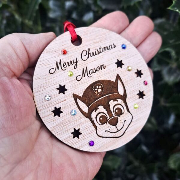 Paw Patrol Xmas Baubles, Personalised Paw Patrol Crystal Christmas Bauble, Wooden Rustic Chase Bauble Kids Xmas Baubles, Marshall Engraved Bauble - Image 3