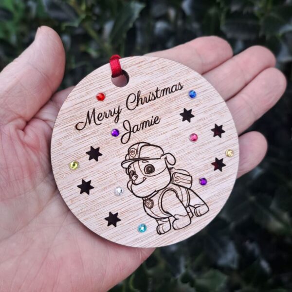 Paw Patrol Xmas Baubles, Personalised Paw Patrol Crystal Christmas Bauble, Wooden Rustic Chase Bauble Kids Xmas Baubles, Marshall Engraved Bauble - Image 4