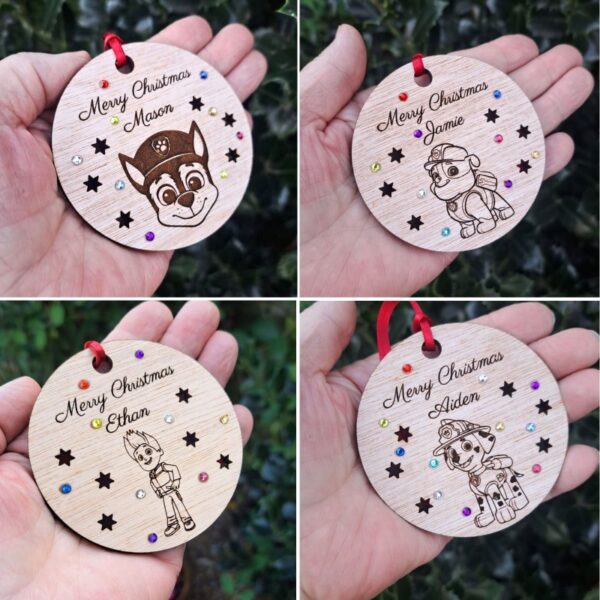 Paw Patrol Xmas Baubles, Personalised Paw Patrol Crystal Christmas Bauble, Wooden Rustic Chase Bauble Kids Xmas Baubles, Marshall Engraved Bauble