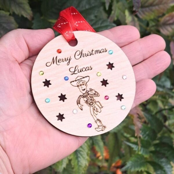 Toy Story Xmas Baubles, Personalised Toy Story Christmas Bauble, Wooden Rustic Buzz Lightyear Bauble, Kids Xmas Baubles, Woody Engraved Xmas Baubles - Image 3