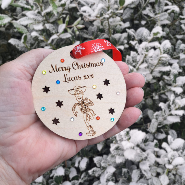 Toy Story Xmas Baubles, Personalised Toy Story Christmas Bauble, Wooden Rustic Buzz Lightyear Bauble, Kids Xmas Baubles, Woody Engraved Xmas Baubles - Image 2