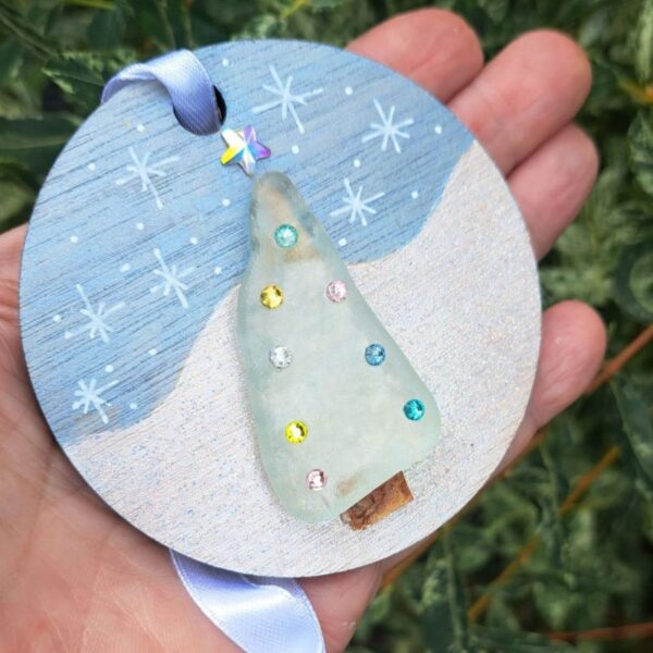 Sea Glass Christmas Tree Bauble Decoration Sea Glass Xmas Decoration Handmade Christmas Tree Sea Glass Wooden Baubles - Image 2