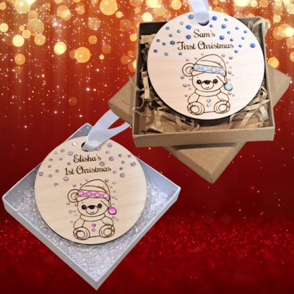 Personalised Baby's First Christmas Baubles, Baby Boy Baby Girl Wooden Baubles With Crystals, 1st Xmas Baubles, Xmas Gift, Teddy Bear Baby Gifts - Image 9