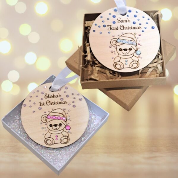 Personalised Baby's First Christmas Baubles, Baby Boy Baby Girl Wooden Baubles With Crystals, 1st Xmas Baubles, Xmas Gift, Teddy Bear Baby Gifts - Image 8