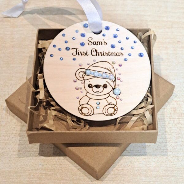 Personalised Baby's First Christmas Baubles, Baby Boy Baby Girl Wooden Baubles With Crystals, 1st Xmas Baubles, Xmas Gift, Teddy Bear Baby Gifts - Image 3