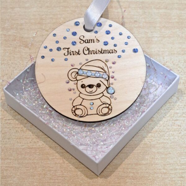 Personalised Baby's First Christmas Baubles, Baby Boy Baby Girl Wooden Baubles With Crystals, 1st Xmas Baubles, Xmas Gift, Teddy Bear Baby Gifts - Image 2