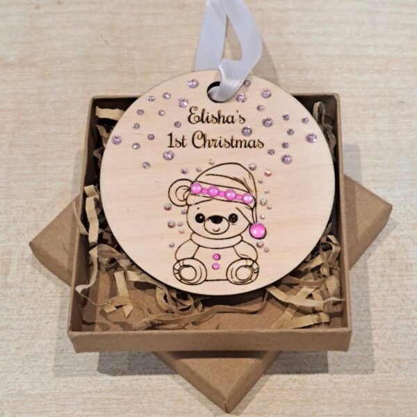 Personalised Baby's First Christmas Baubles, Baby Boy Baby Girl Wooden Baubles With Crystals, 1st Xmas Baubles, Xmas Gift, Teddy Bear Baby Gifts - Image 4