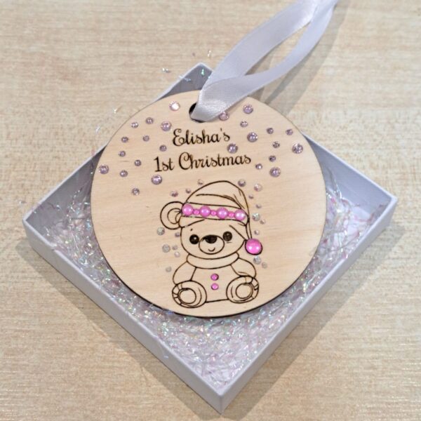 Personalised Baby's First Christmas Baubles, Baby Boy Baby Girl Wooden Baubles With Crystals, 1st Xmas Baubles, Xmas Gift, Teddy Bear Baby Gifts - Image 5