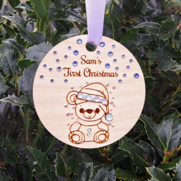 Personalised Baby's First Christmas Baubles, Baby Boy Baby Girl Wooden Baubles With Crystals, 1st Xmas Baubles, Xmas Gift, Teddy Bear Baby Gifts - Image 6