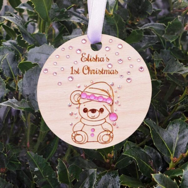 Personalised Baby's First Christmas Baubles, Baby Boy Baby Girl Wooden Baubles With Crystals, 1st Xmas Baubles, Xmas Gift, Teddy Bear Baby Gifts - Image 7