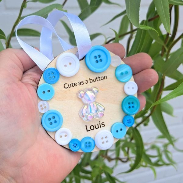 Personalised Baby Gift Wooden Cute As A Button Hanging Bauble,  Christening Gifts, New Baby Arrival, Baptism Presents, Baby Birthday Gifts - Image 4
