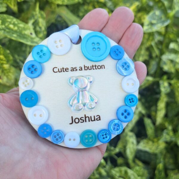 Personalised Baby Gift Wooden Cute As A Button Hanging Bauble,  Christening Gifts, New Baby Arrival, Baptism Presents, Baby Birthday Gifts - Image 5