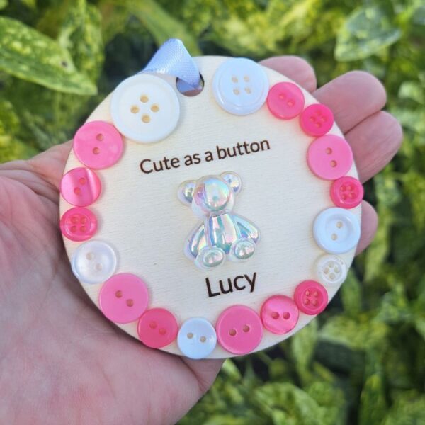 Personalised Baby Gift Wooden Cute As A Button Hanging Bauble,  Christening Gifts, New Baby Arrival, Baptism Presents, Baby Birthday Gifts - Image 6