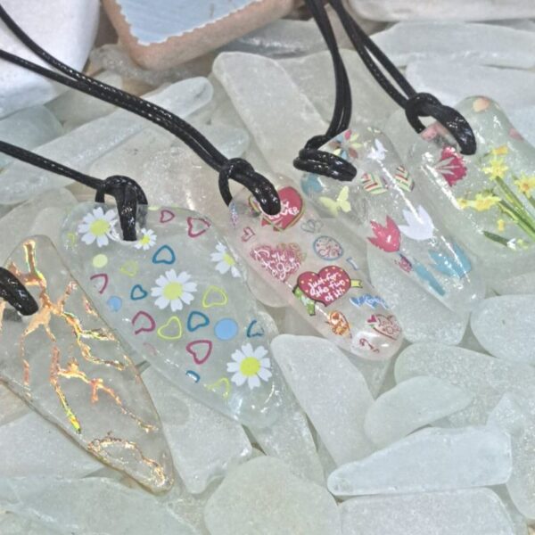 Floral Genuine Sea Glass Necklace Pendant Hand Decorated, Unisex Hippy Necklace, Boho Surf Necklace, Jewellery Xmas Gift Design E - Image 2