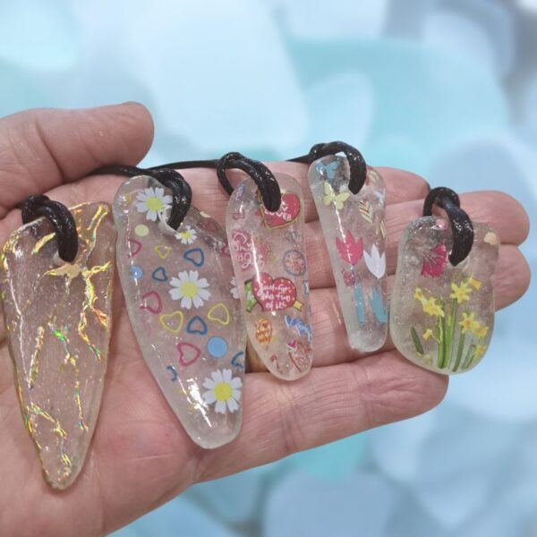 Floral Genuine Sea Glass Necklace Pendant Hand Decorated, Unisex Hippy Necklace, Boho Surf Necklace, Jewellery Xmas Gift Design E - Image 5