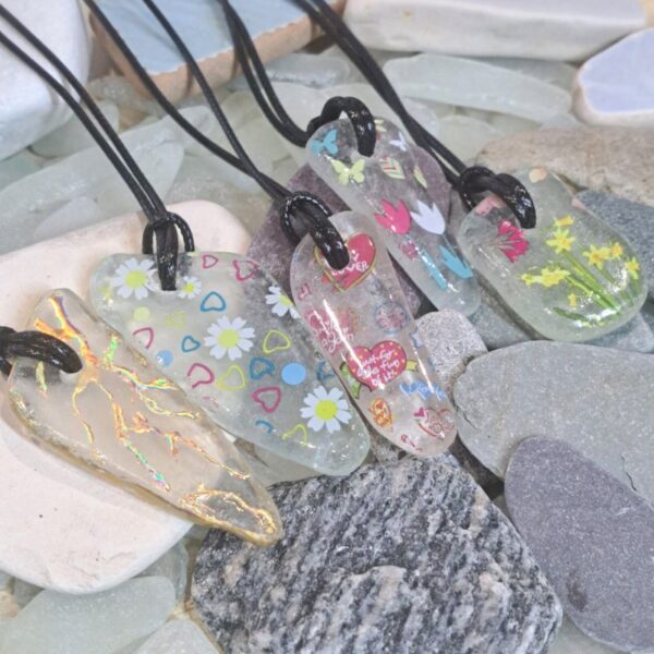 Floral Genuine Sea Glass Necklace Pendant Hand Decorated, Unisex Hippy Necklace, Boho Surf Necklace, Jewellery Xmas Gift Design E - Image 4