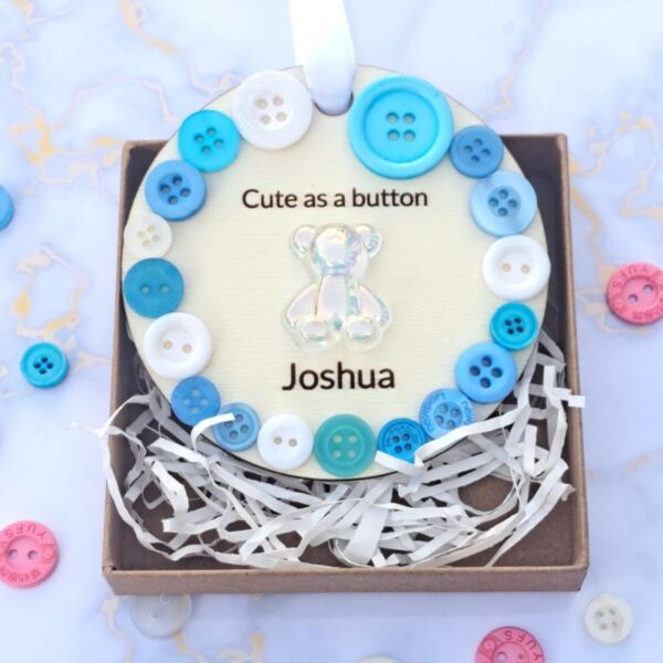 Personalised Baby Gift Wooden Cute As A Button Hanging Bauble,  Christening Gifts, New Baby Arrival, Baptism Presents, Baby Birthday Gifts - Image 2