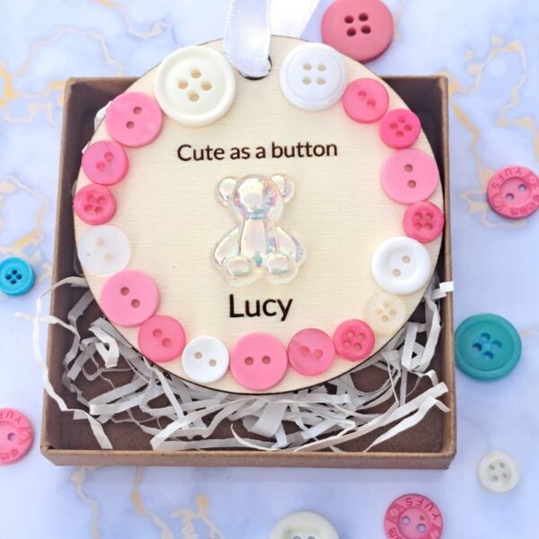 Personalised Baby Gift Wooden Cute As A Button Hanging Bauble,  Christening Gifts, New Baby Arrival, Baptism Presents, Baby Birthday Gifts - Image 3