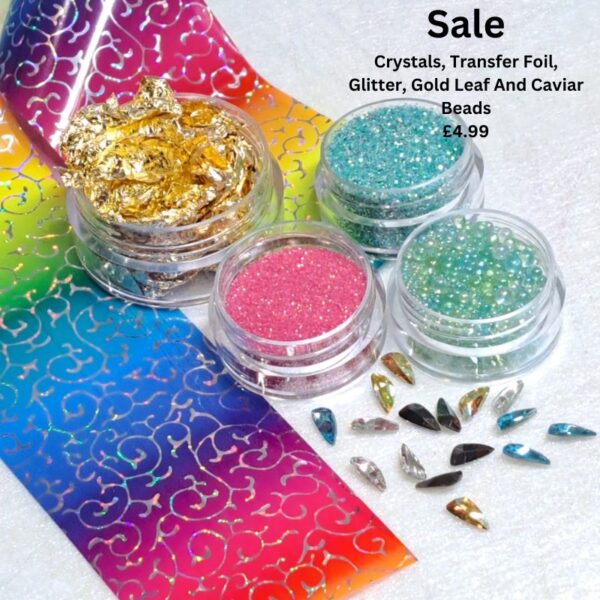 Nail Art Mixed Set Crystals, Transfer Foil, Glitter, Gold Leaf and Caviar Beads Set A