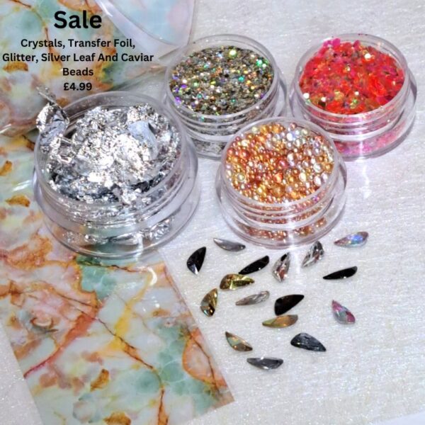 Nail Art Mixed Set Crystals, Transfer Foil, Glitter, Silver Leaf and Caviar Beads Set B