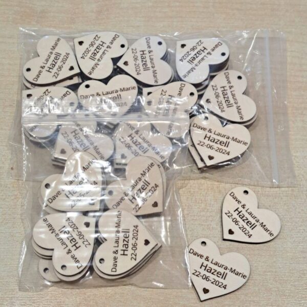 Personalised Wedding Favours Love Heart Table Decorations, Wedding Drinks Tokens, Wooden Wedding Table Decor, Birthday Tokens - Image 9