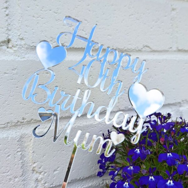 Heart Birthday Cake Topper, Mirror Acrylic Personalised Birthday Cake Toppers, Party Cake Decorations - Image 2