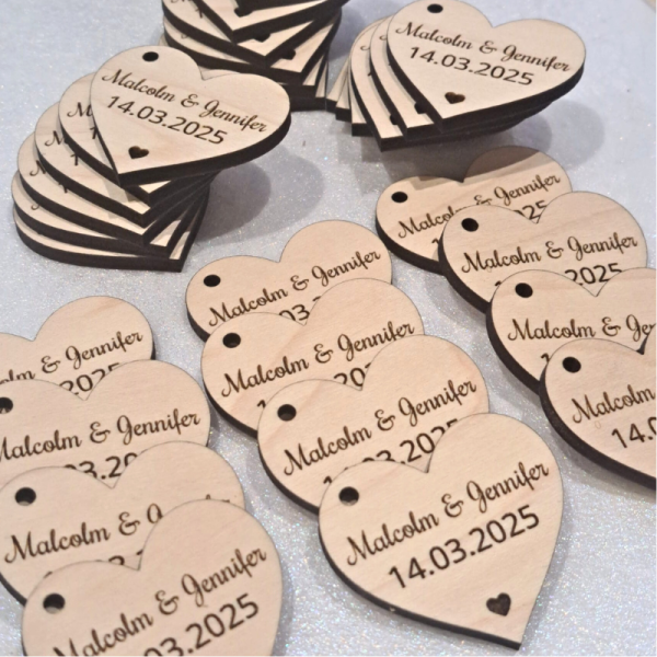 Personalised Wedding Favours Love Heart Table Decorations, Wedding Drinks Tokens, Wooden Wedding Table Decor, Birthday Tokens - Image 8